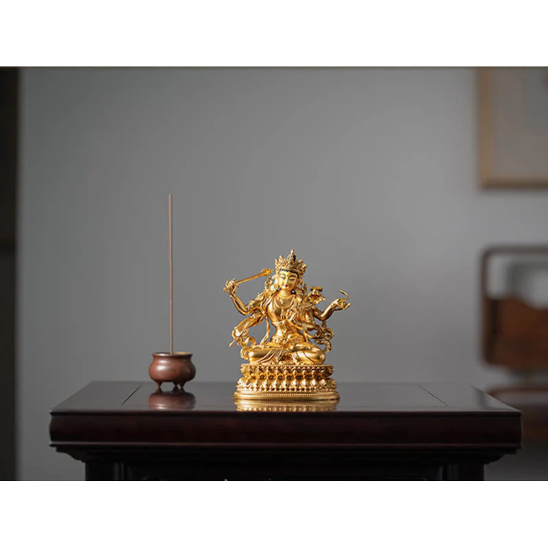Statua in rame della compassione e serenità del Bodhisattva Manjusri a quattro braccia, statuetta in oro, decorazione per la casa - Image 9