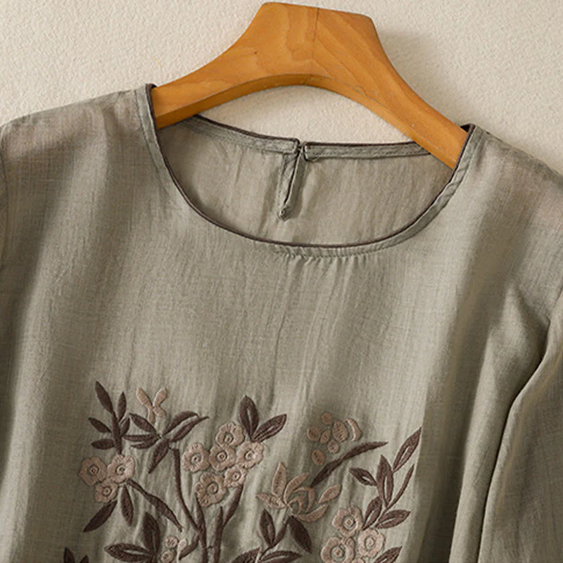 T-shirt da donna in cotone con maniche a tre quarti, ricamo floreale retrò con Buddha Stones - Image 11