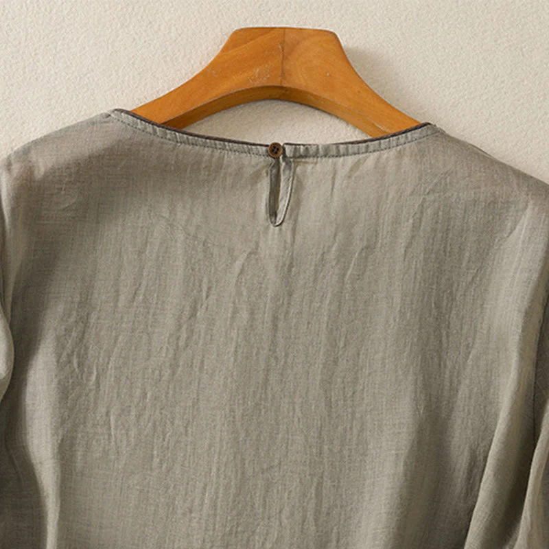 T-shirt da donna in cotone con maniche a tre quarti, ricamo floreale retrò con Buddha Stones - Image 12