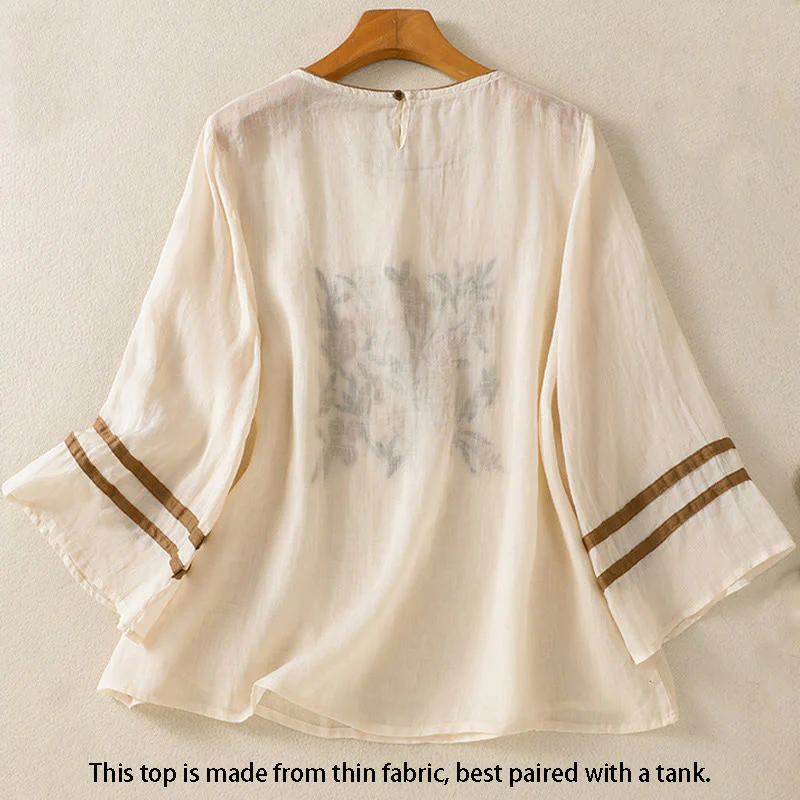 T-shirt da donna in cotone con maniche a tre quarti, ricamo floreale retrò con Buddha Stones - Image 2