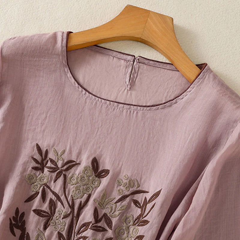 T-shirt da donna in cotone con maniche a tre quarti, ricamo floreale retrò con Buddha Stones - Image 26