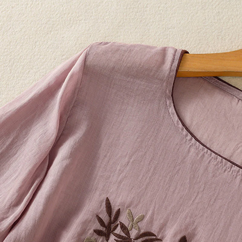 T-shirt da donna in cotone con maniche a tre quarti, ricamo floreale retrò con Buddha Stones - Image 27
