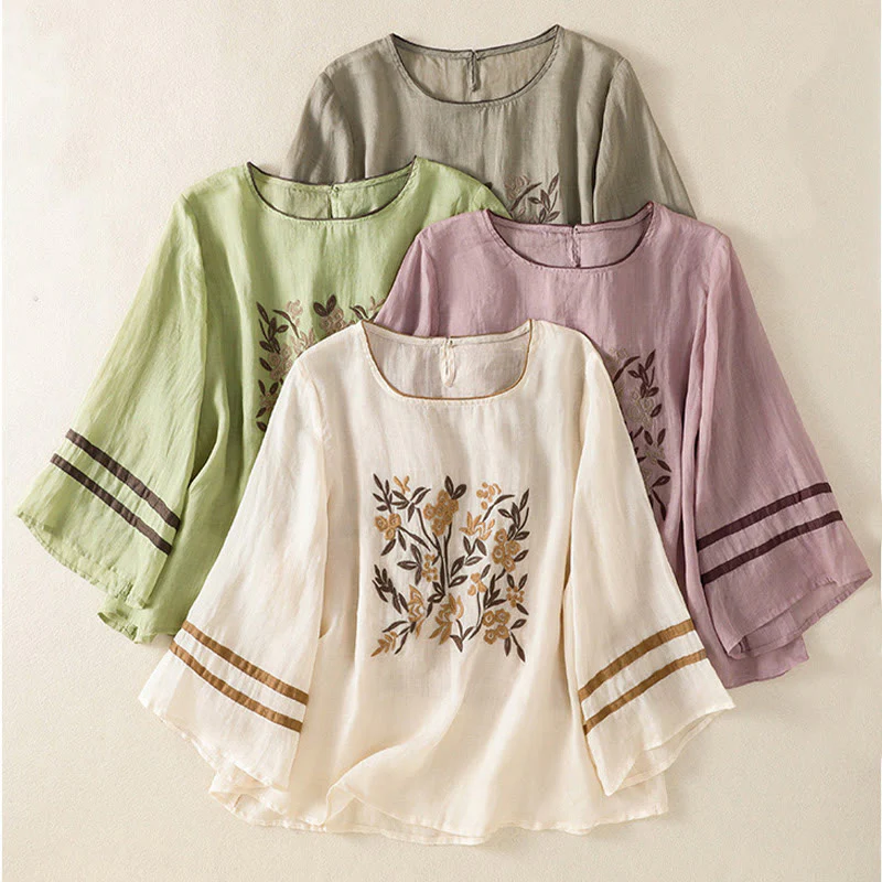 T-shirt da donna in cotone con maniche a tre quarti, ricamo floreale retrò con Buddha Stones - Image 32