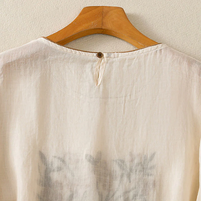 T-shirt da donna in cotone con maniche a tre quarti, ricamo floreale retrò con Buddha Stones - Image 5