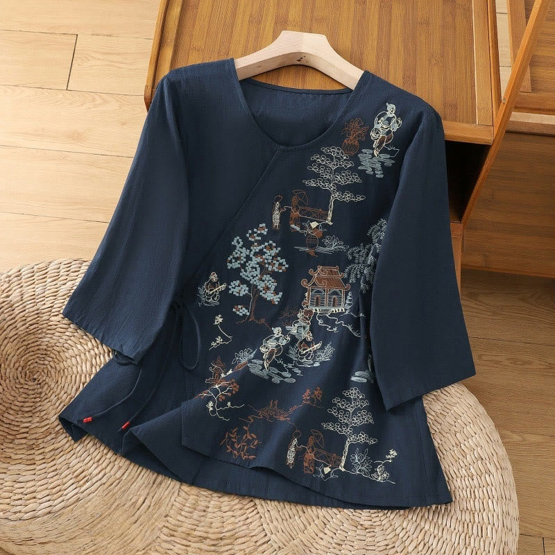 Maglietta da donna in cotone e lino con maniche a tre quarti, ricamo retrò con Buddha Stones e lacci - Image 15