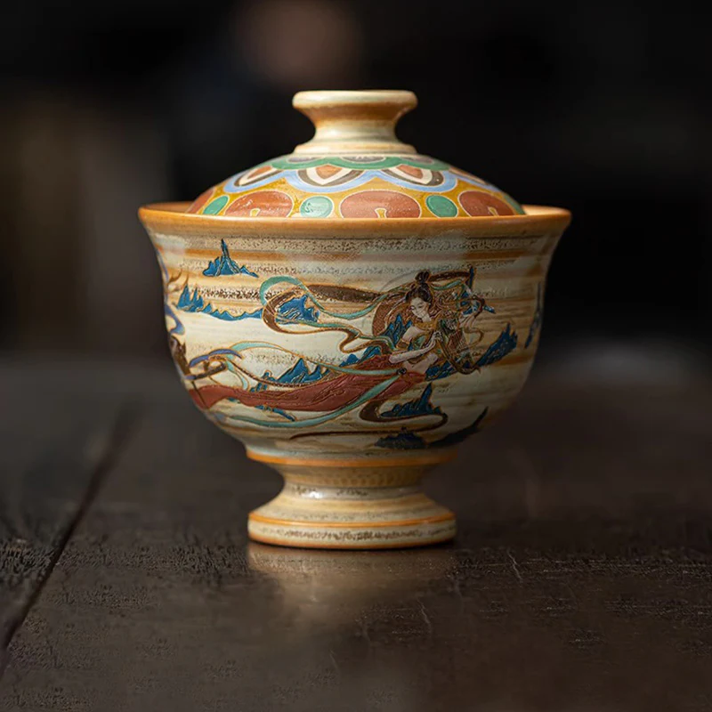 Tazza da tè in ceramica Gaiwan Sancai con Buddha Stones Dunhuang Flying Apsaras Tazza da tè Kung Fu con coperchio - Image 2