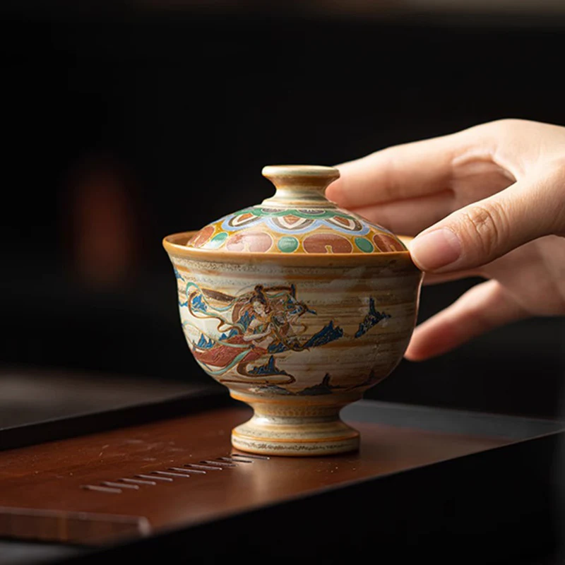 Tazza da tè in ceramica Gaiwan Sancai con Buddha Stones Dunhuang Flying Apsaras Tazza da tè Kung Fu con coperchio - Image 3
