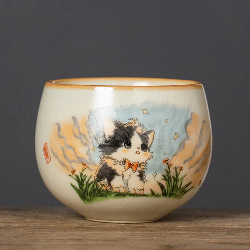 Tazza da tè Kung Fu con fiocco e gatto, motivo: Buddha Stones