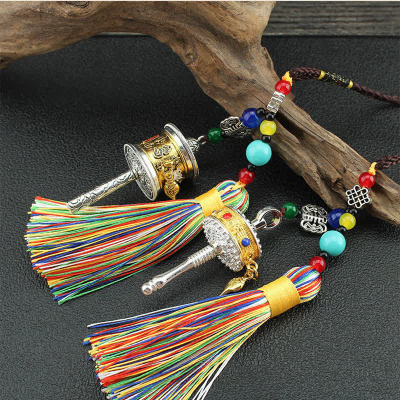 Tibet Om Mani Padme Hum Ruota di preghiera Borsa con nappa Decorazione da appendere all'auto - Image 3