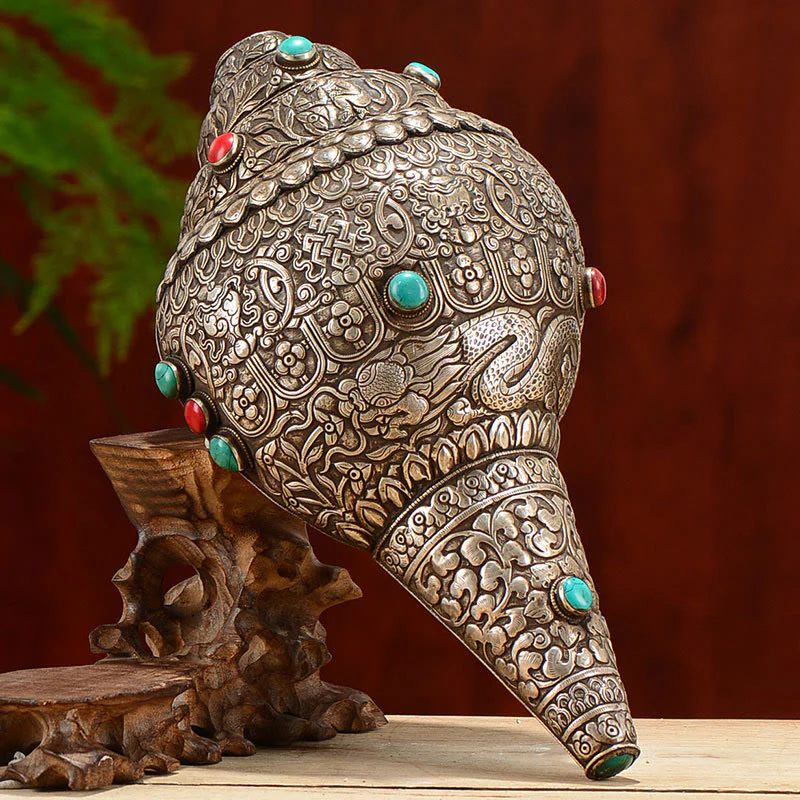 Tibetano fatto a mano naturale Shankha inciso otto simboli di buon auspicio conchiglia fortunata decorazione per la casa