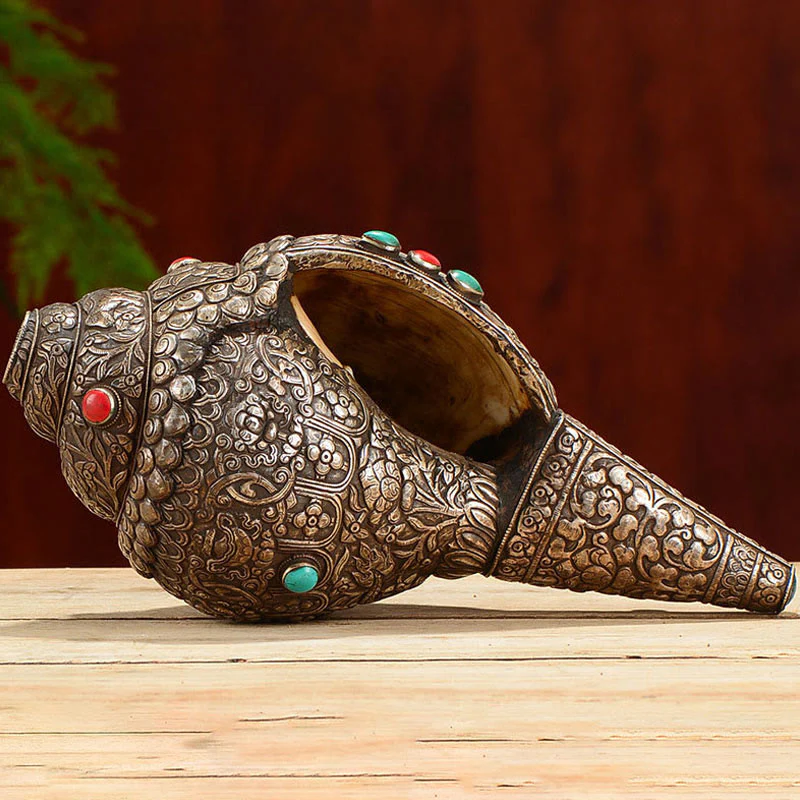 Tibetano fatto a mano naturale Shankha inciso otto simboli di buon auspicio conchiglia fortunata decorazione per la casa - Image 12