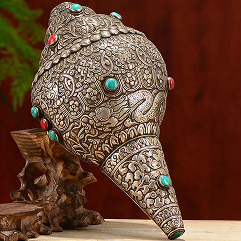 Tibetano fatto a mano naturale Shankha inciso otto simboli di buon auspicio conchiglia fortunata decorazione per la casa - Image 13