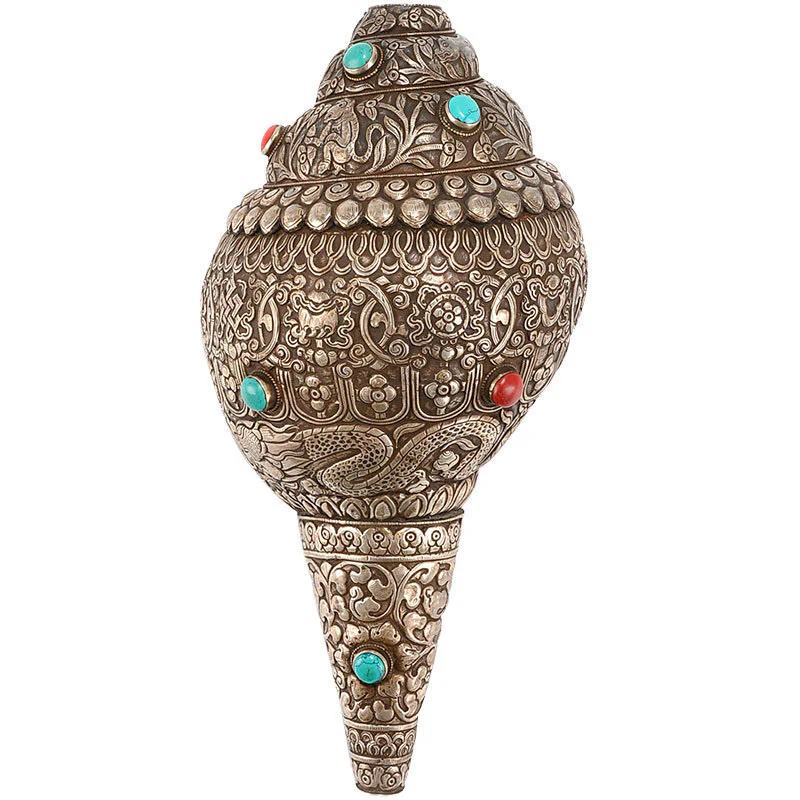 Tibetano fatto a mano naturale Shankha inciso otto simboli di buon auspicio conchiglia fortunata decorazione per la casa - Image 2