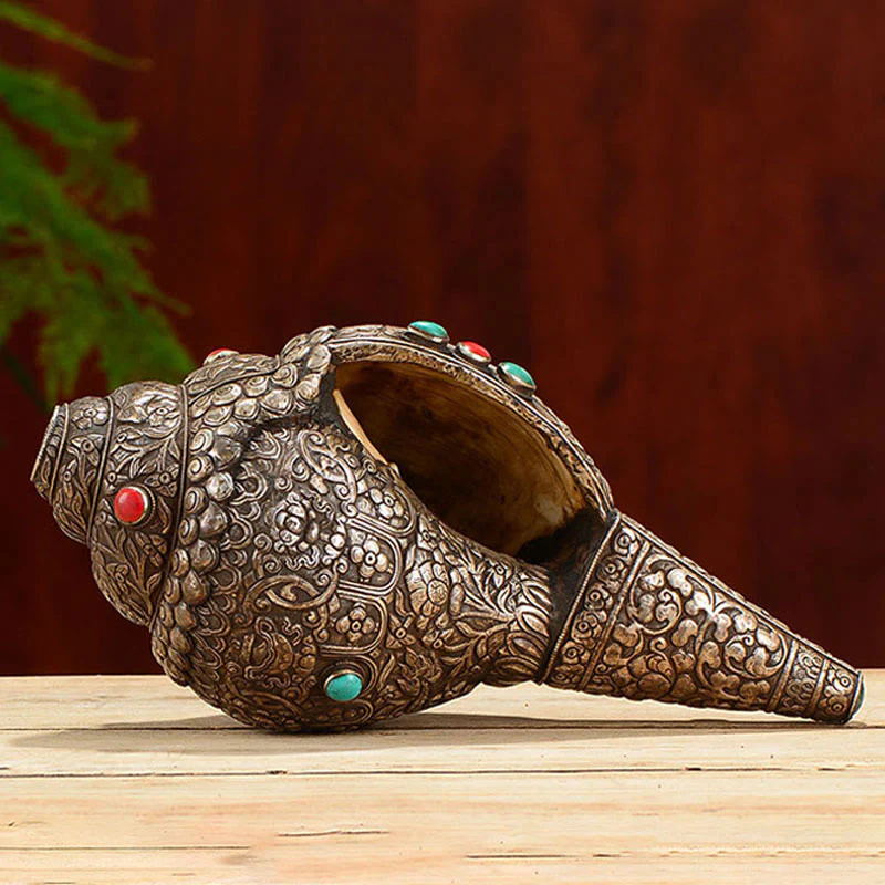 Tibetano fatto a mano naturale Shankha inciso otto simboli di buon auspicio conchiglia fortunata decorazione per la casa - Image 4