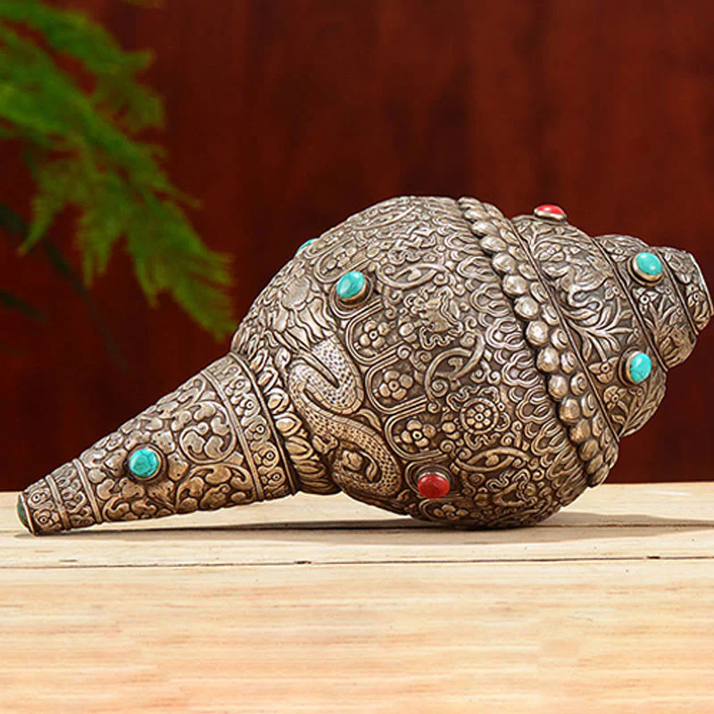 Tibetano fatto a mano naturale Shankha inciso otto simboli di buon auspicio conchiglia fortunata decorazione per la casa - Image 5