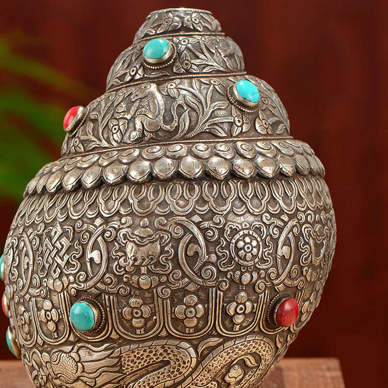 Tibetano fatto a mano naturale Shankha inciso otto simboli di buon auspicio conchiglia fortunata decorazione per la casa - Image 7