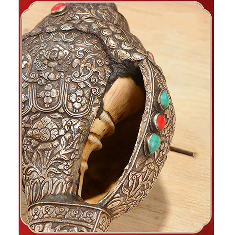 Tibetano fatto a mano naturale Shankha inciso otto simboli di buon auspicio conchiglia fortunata decorazione per la casa - Image 9