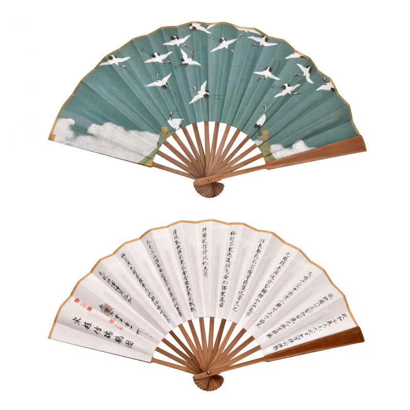 Buddha Stones Cranes Auspicious Clouds Solid Color Gradient Handheld Bamboo Folding Fan - Image 11