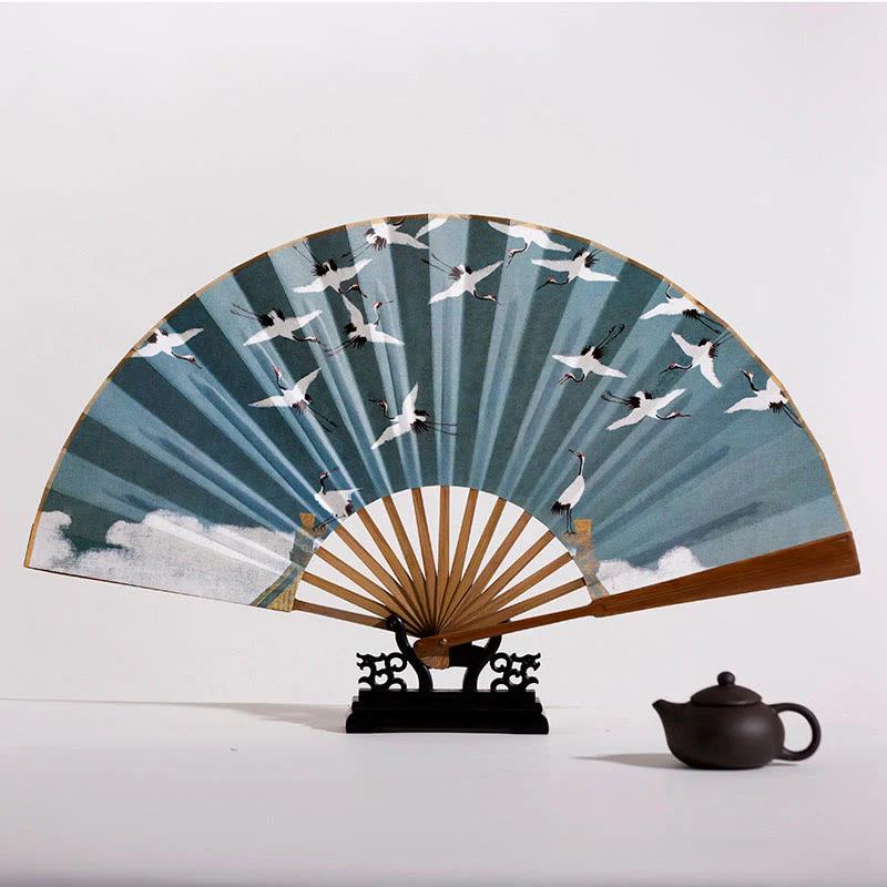 Buddha Stones Cranes Auspicious Clouds Solid Color Gradient Handheld Bamboo Folding Fan - Image 12