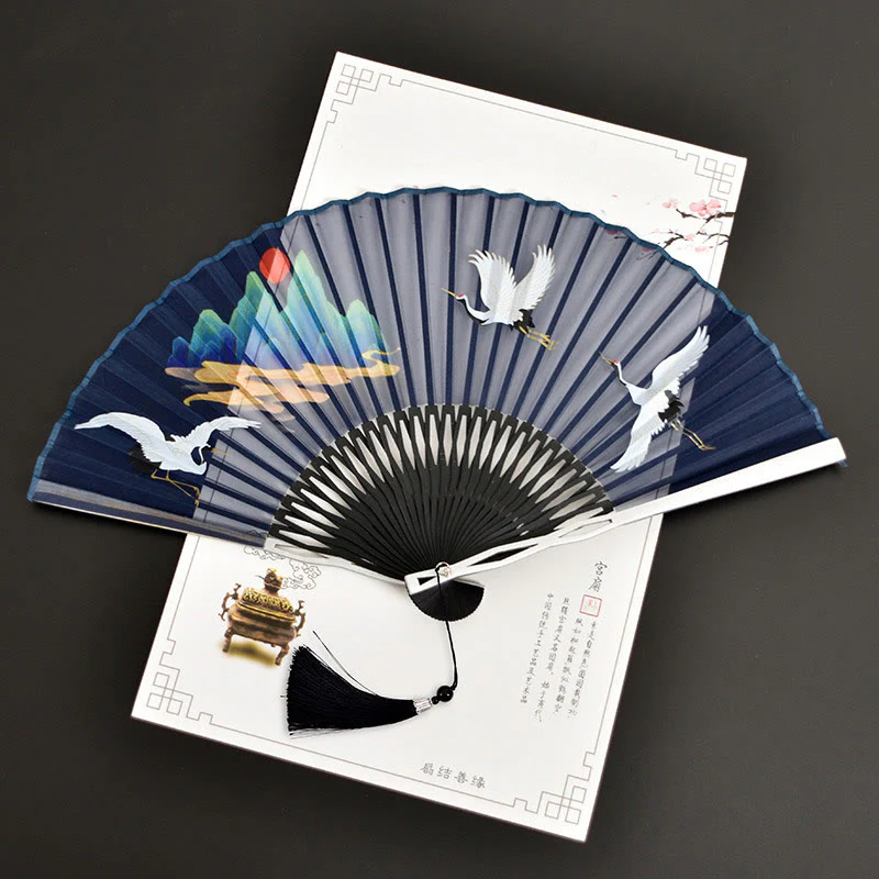 Buddha Stones Cranes Auspicious Clouds Solid Color Gradient Handheld Bamboo Folding Fan - Image 14