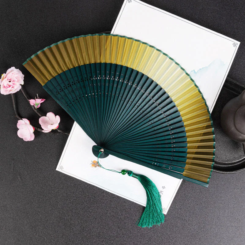 Buddha Stones Cranes Auspicious Clouds Solid Color Gradient Handheld Bamboo Folding Fan - Image 18