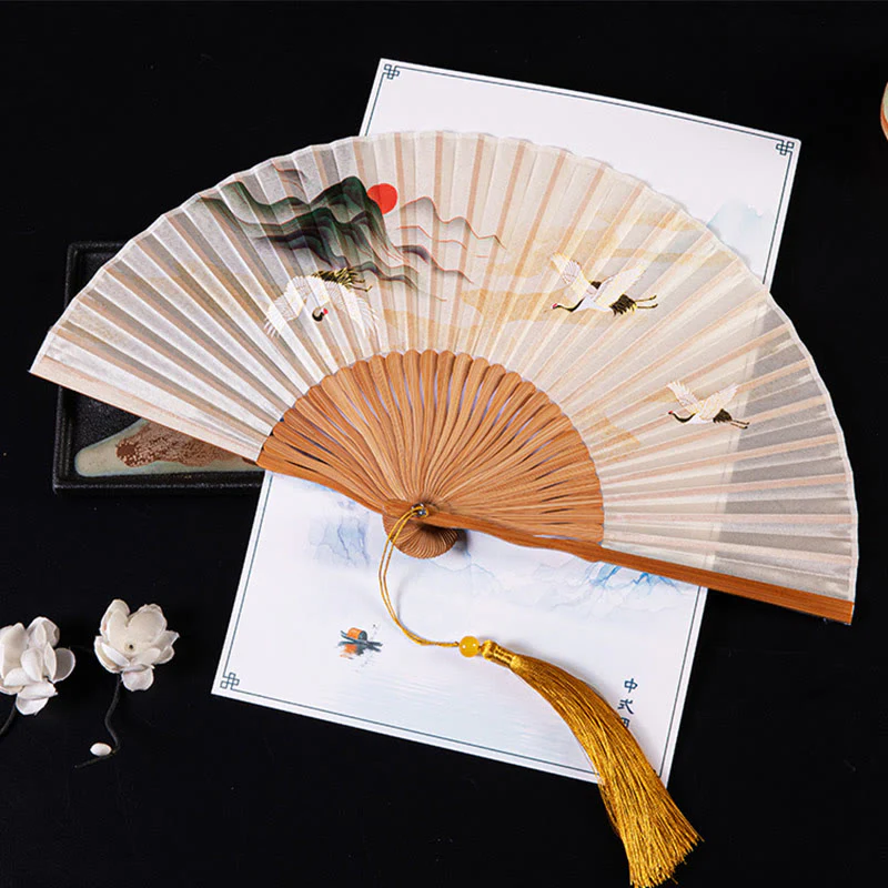Buddha Stones Cranes Auspicious Clouds Solid Color Gradient Handheld Bamboo Folding Fan - Image 2