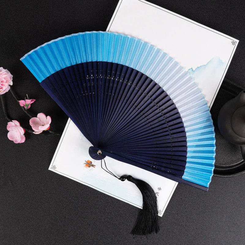 Buddha Stones Cranes Auspicious Clouds Solid Color Gradient Handheld Bamboo Folding Fan - Image 20