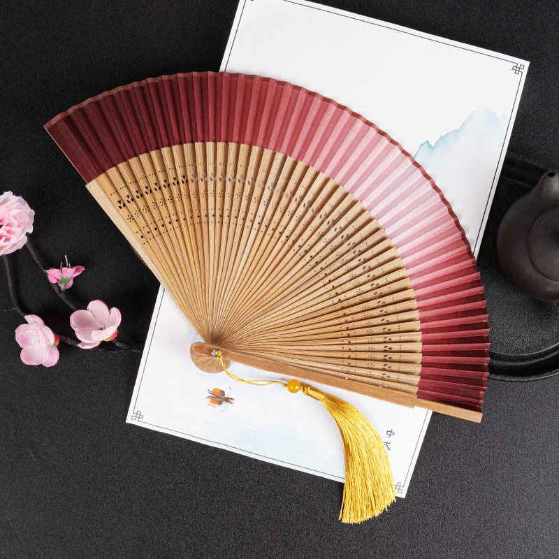 Buddha Stones Cranes Auspicious Clouds Solid Color Gradient Handheld Bamboo Folding Fan - Image 23