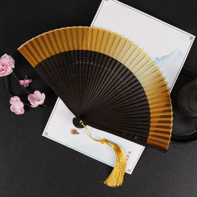 Buddha Stones Cranes Auspicious Clouds Solid Color Gradient Handheld Bamboo Folding Fan - Image 24