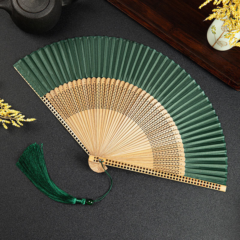 Buddha Stones Cranes Auspicious Clouds Solid Color Gradient Handheld Bamboo Folding Fan - Image 26