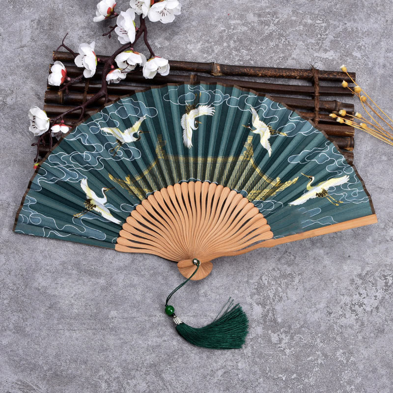 Buddha Stones Cranes Auspicious Clouds Solid Color Gradient Handheld Bamboo Folding Fan - Image 5
