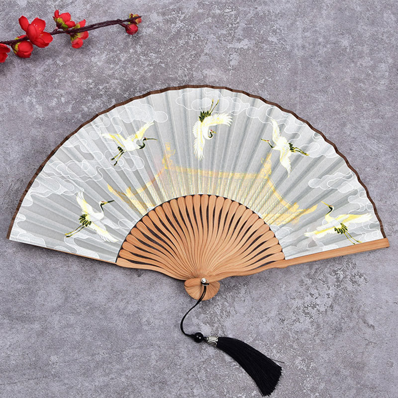 Buddha Stones Cranes Auspicious Clouds Solid Color Gradient Handheld Bamboo Folding Fan - Image 9