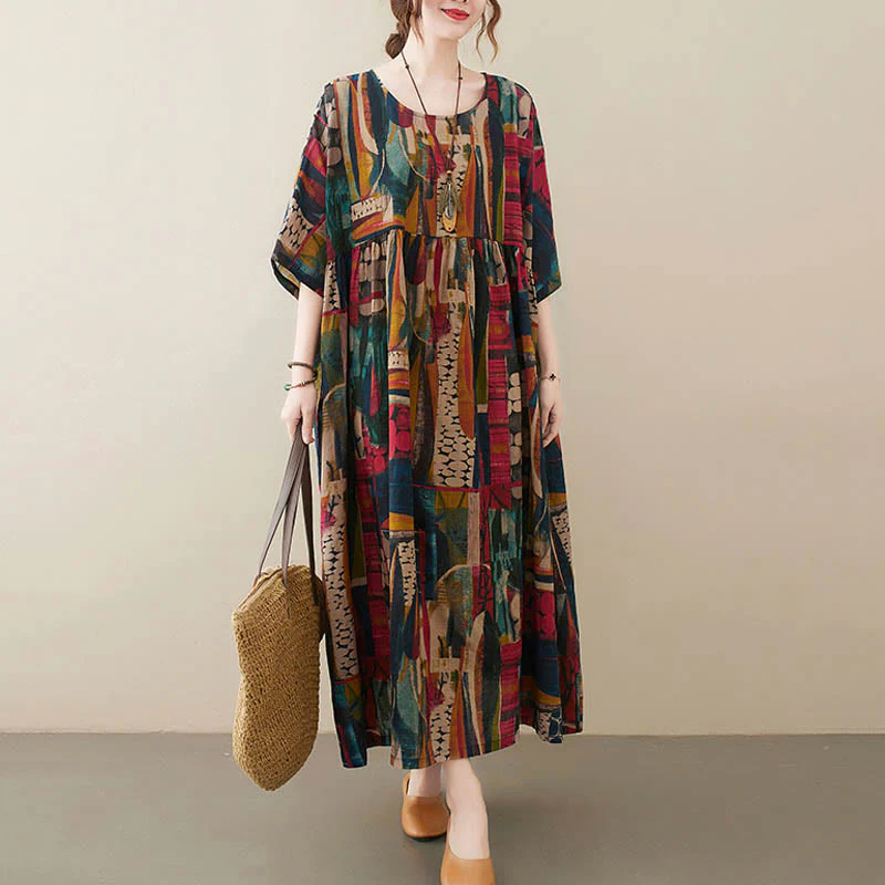 Vestito midi con grafica colorata Buddha Stones , tunica in cotone a mezza manica con tasche - Image 3