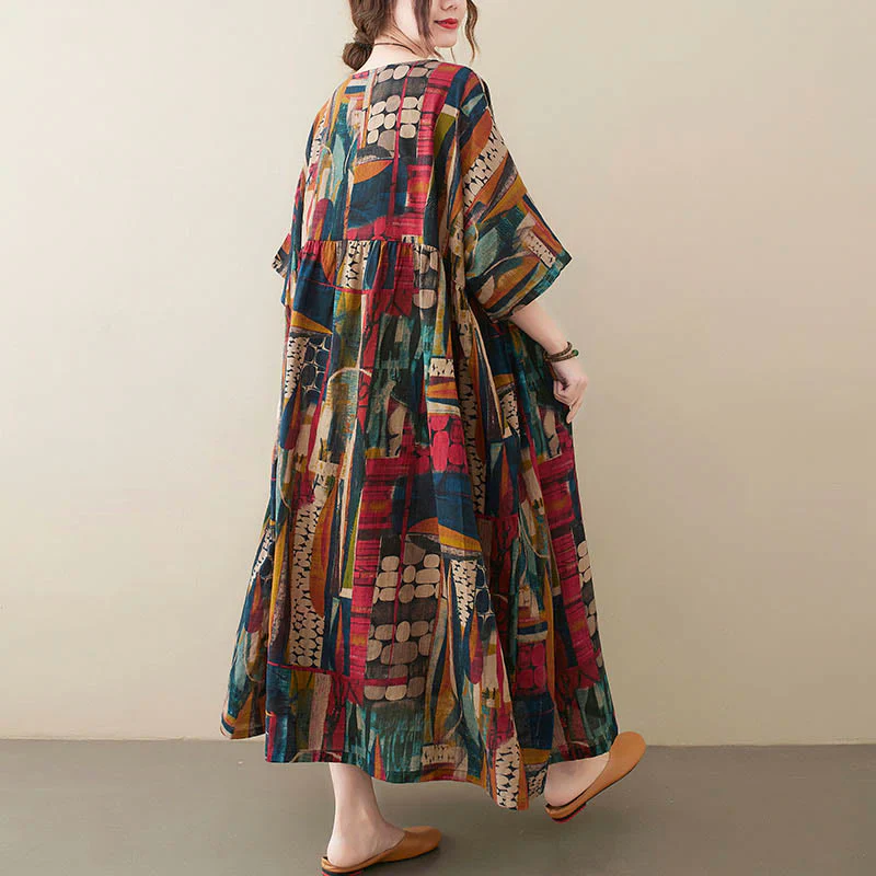 Vestito midi con grafica colorata Buddha Stones , tunica in cotone a mezza manica con tasche - Image 6