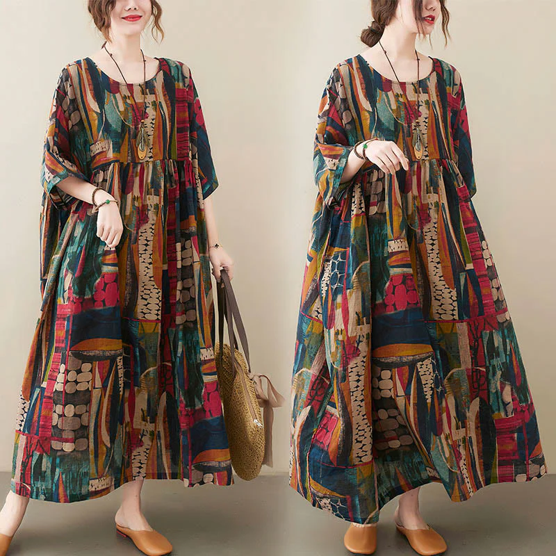 Vestito midi con grafica colorata Buddha Stones , tunica in cotone a mezza manica con tasche - Image 7