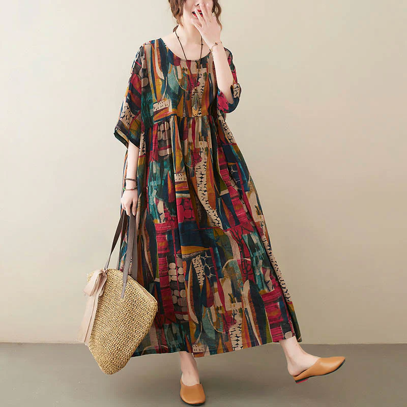 Vestito midi con grafica colorata Buddha Stones , tunica in cotone a mezza manica con tasche - Image 8