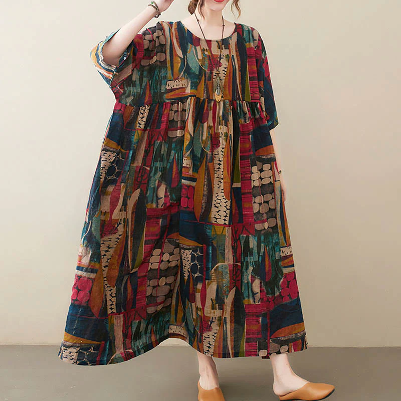 Vestito midi con grafica colorata Buddha Stones , tunica in cotone a mezza manica con tasche - Image 9