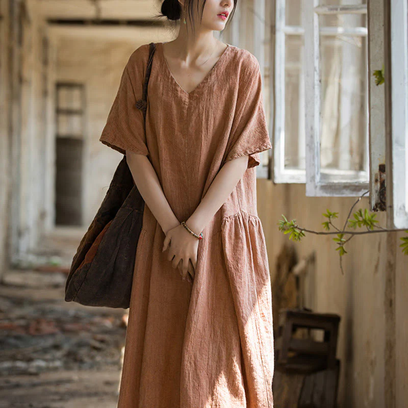 Vestito midi in lino con scollo a V e maniche corte, fatto a mano, con tintura a nodi , Buddha Stones - Image 14