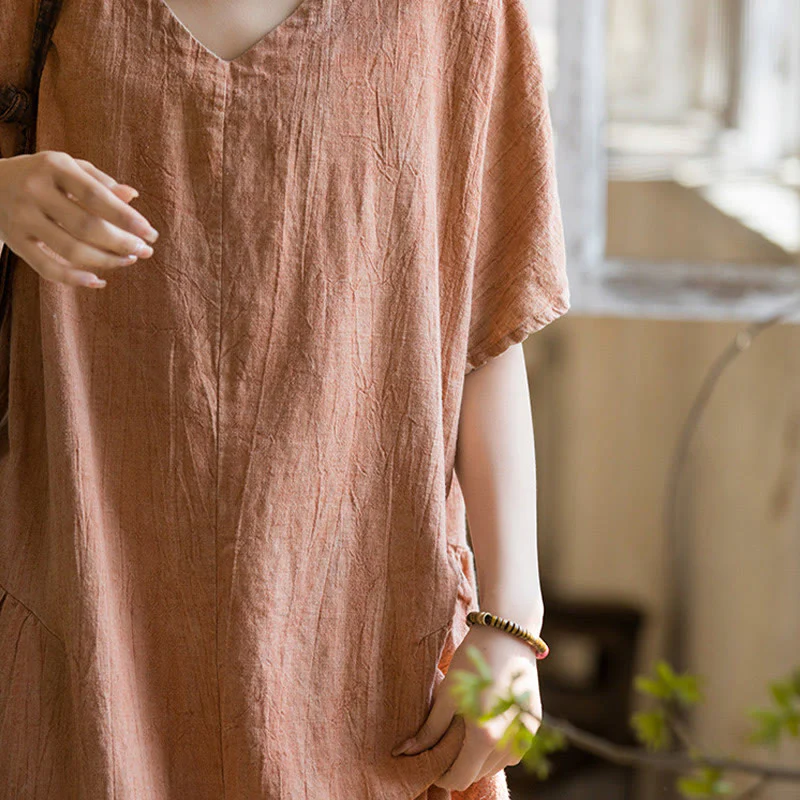 Vestito midi in lino con scollo a V e maniche corte, fatto a mano, con tintura a nodi , Buddha Stones - Image 17