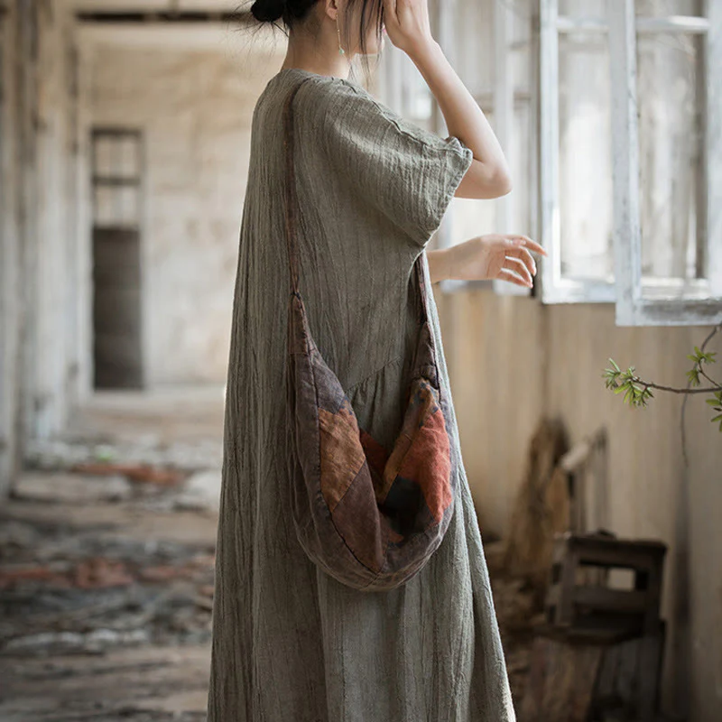Vestito midi in lino con scollo a V e maniche corte, fatto a mano, con tintura a nodi , Buddha Stones - Image 21